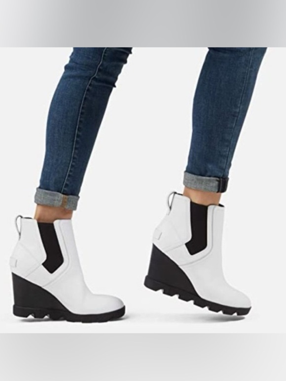 Sorel Joan Leather uptown Wedge ankle Boot white black size 9